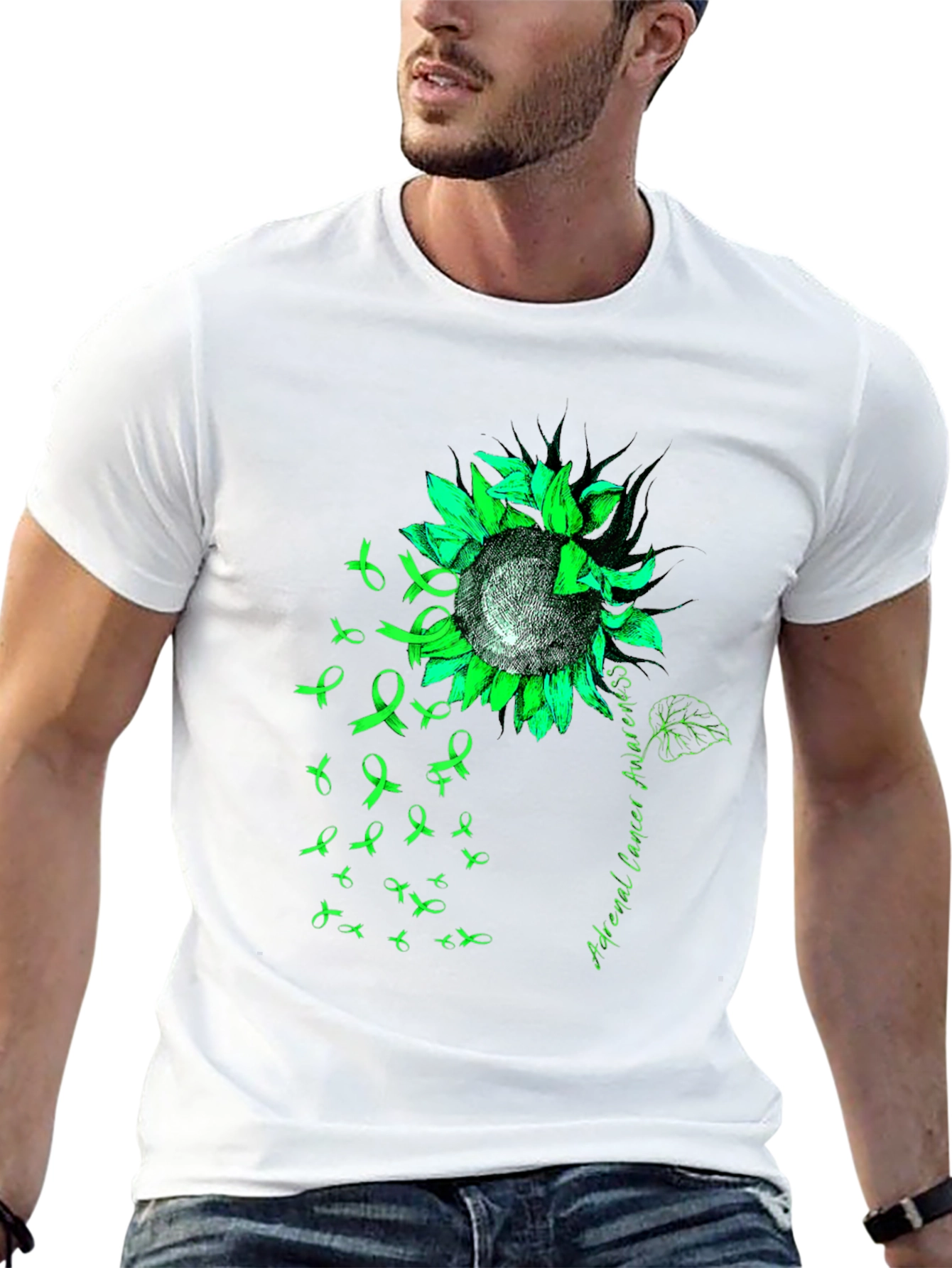 Adrenal Cancer Awareness T-Shirt Sunflower Ribbon Green
