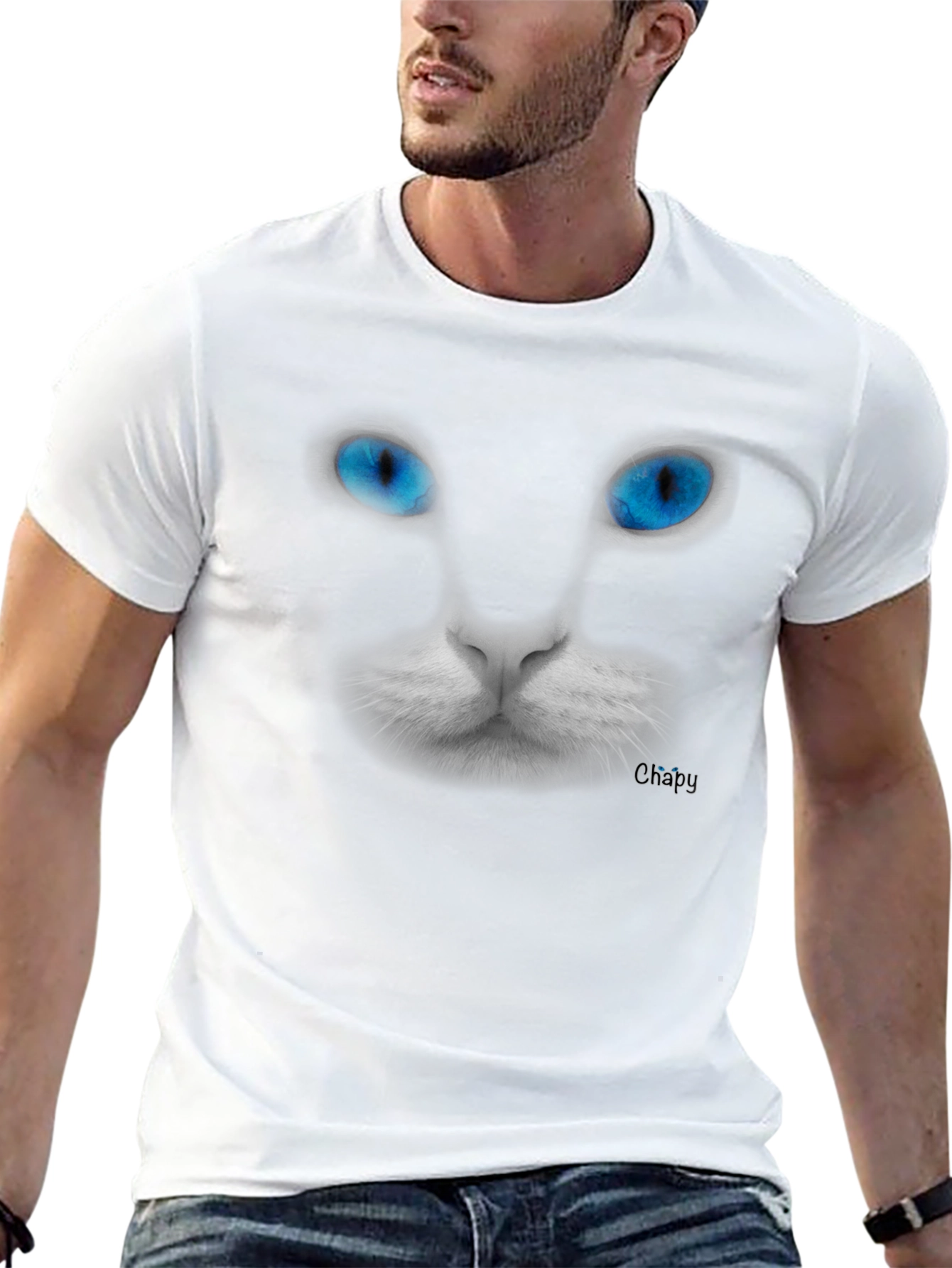 Blue-Eyed Cat Graphic Tee - Mens Black T-Shirt