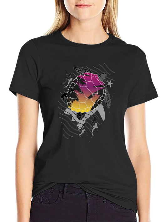 Sunset Turtle Graphic Tee - Black Cotton Blend