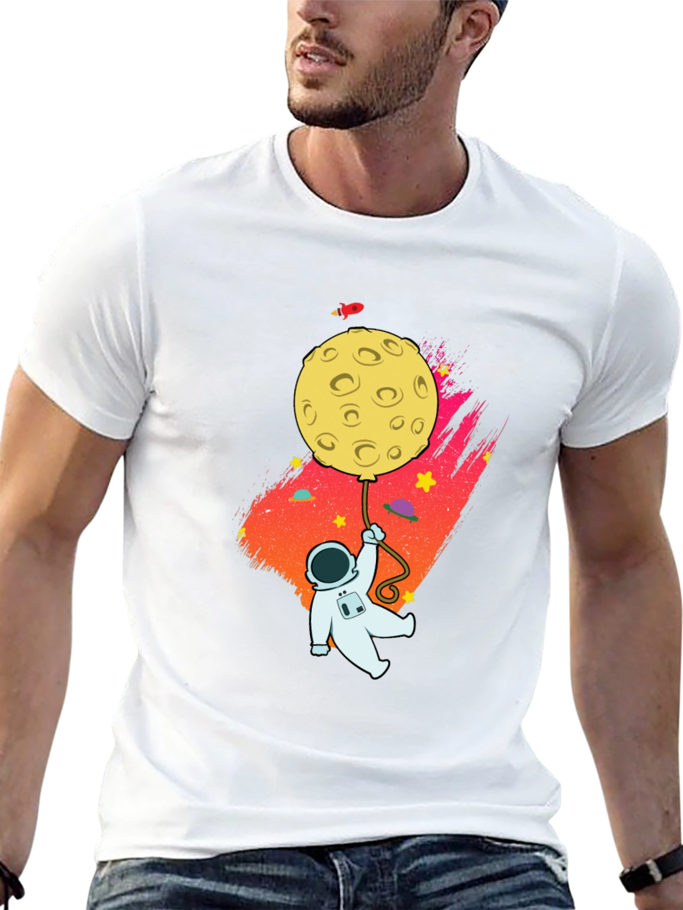 Astronaut Moon Balloon Graphic Black T-Shirt