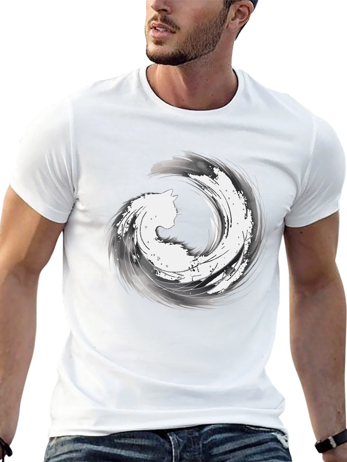 Abstract Cat Wave Graphic Tee - Black