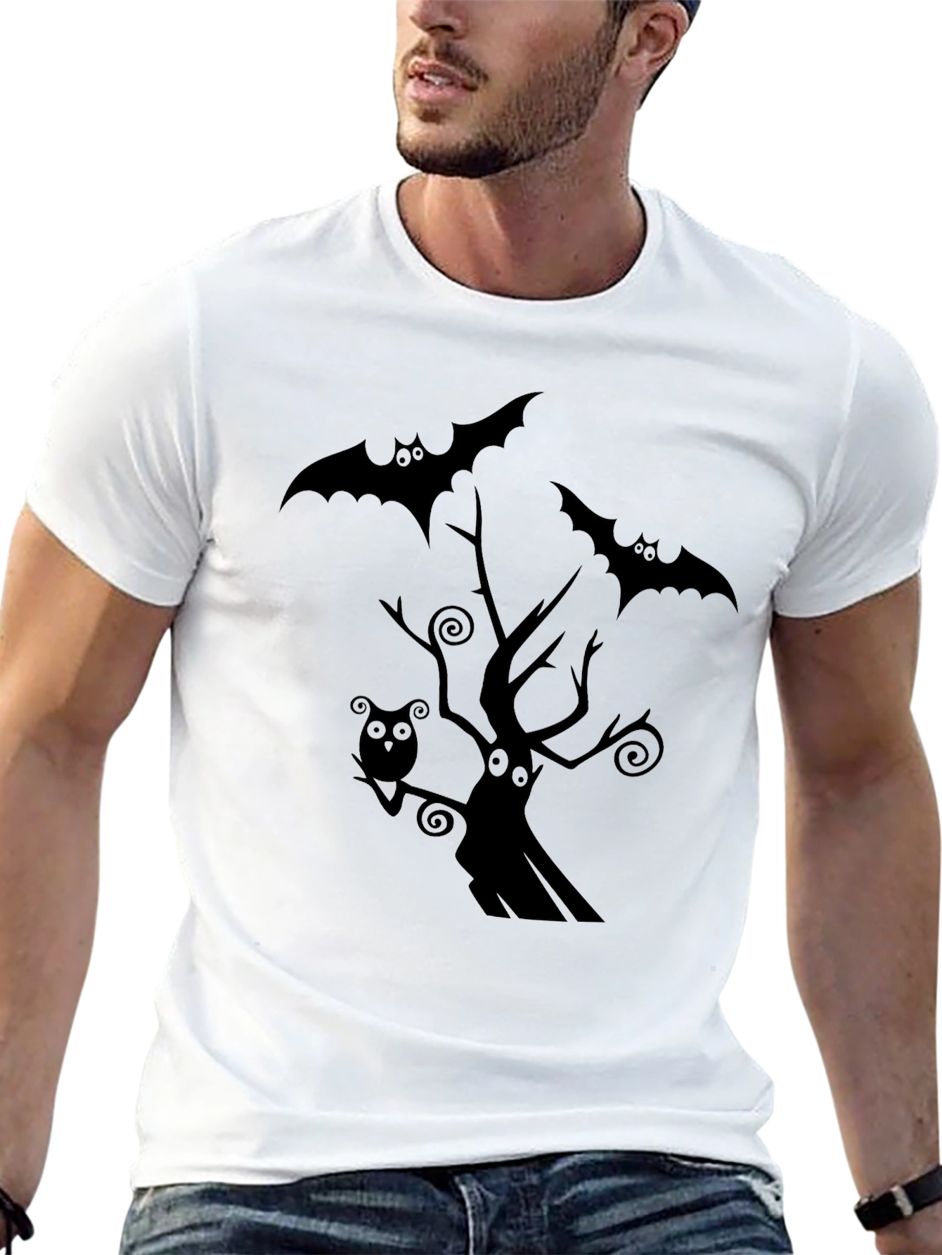 Spooky Halloween Graphic Tee - Bats & Tree