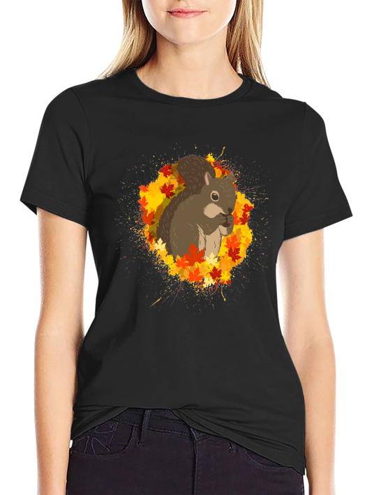 Squirrel Autumn Leaves Black T-Shirt