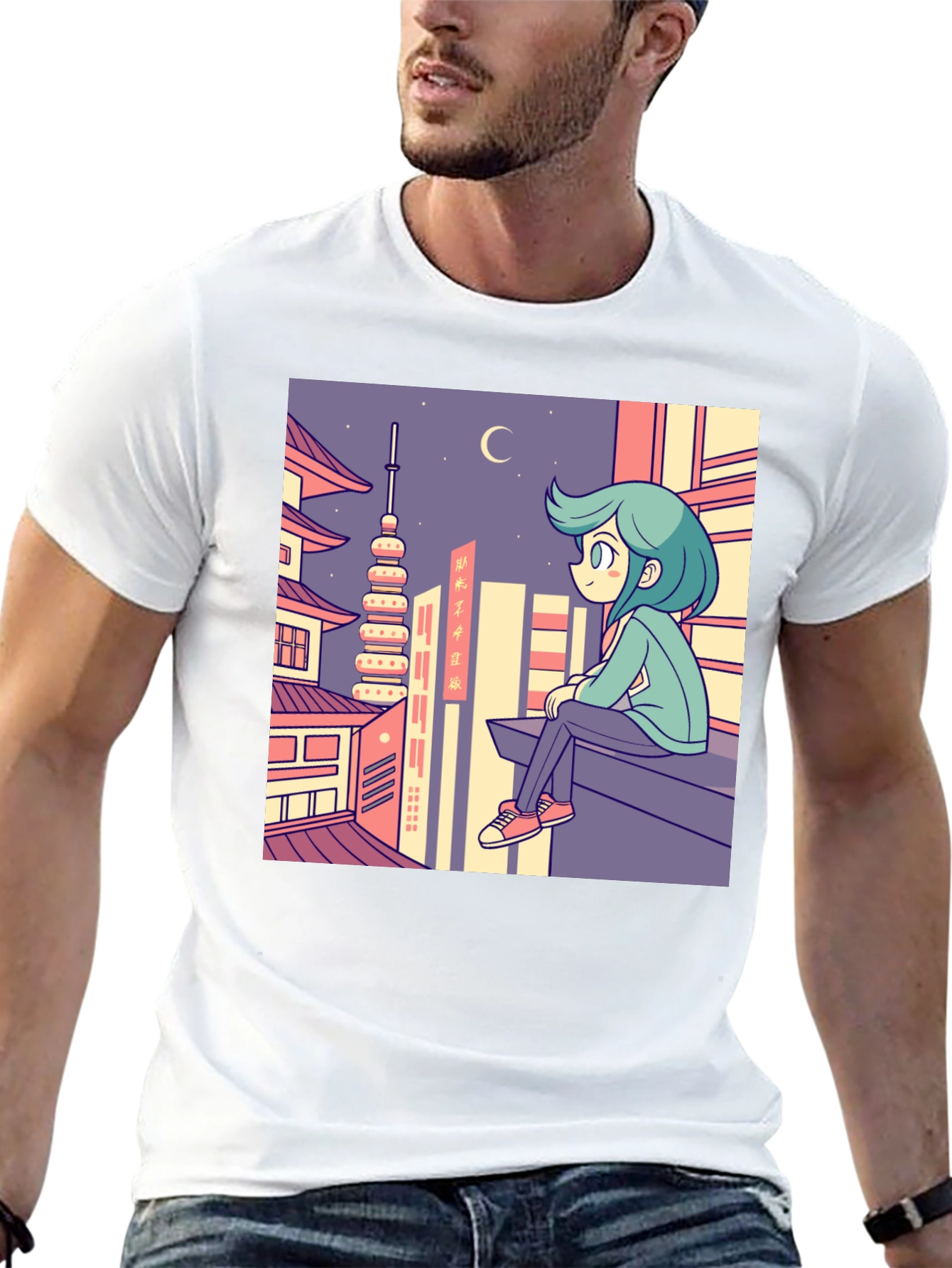Anime Cityscape Graphic Tee - Relaxed Urban Style