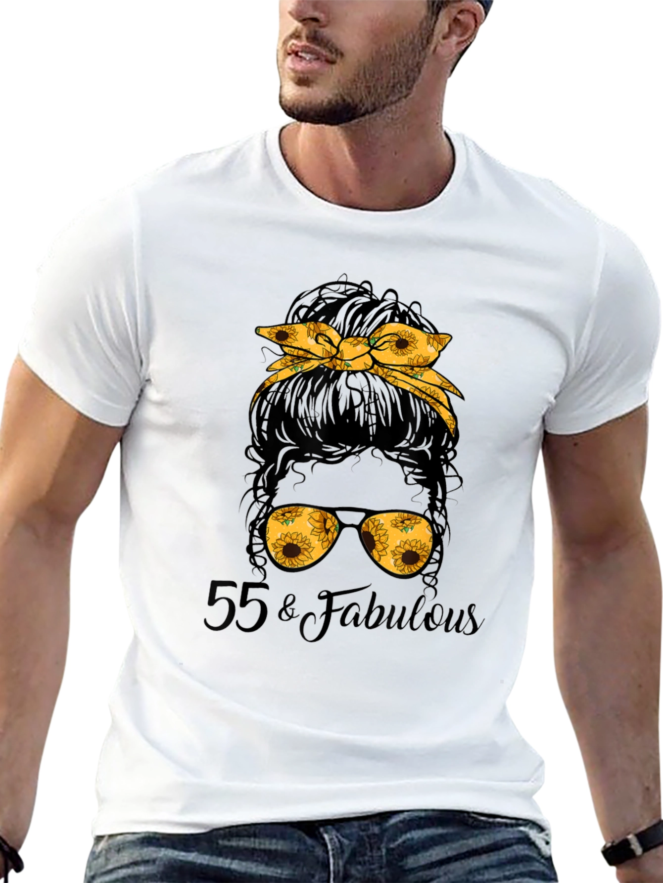 55 & Fabulous Sunflower Messy Bun T-Shirt