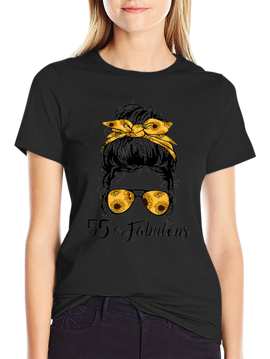 55 & Fabulous Sunflower Messy Bun T-Shirt