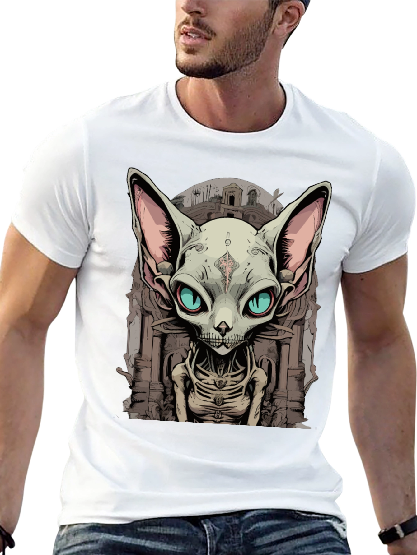 Sphynx Cat Skeleton Graphic Tee - Unique Design
