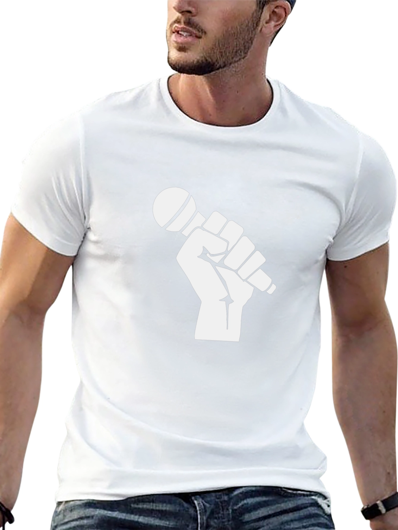 Black T-Shirt with Fist Holding Microphone Graphic