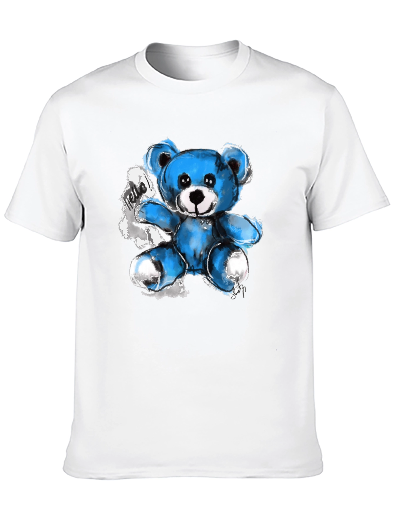 Blue Teddy Bear Graphic Print Black T-Shirt