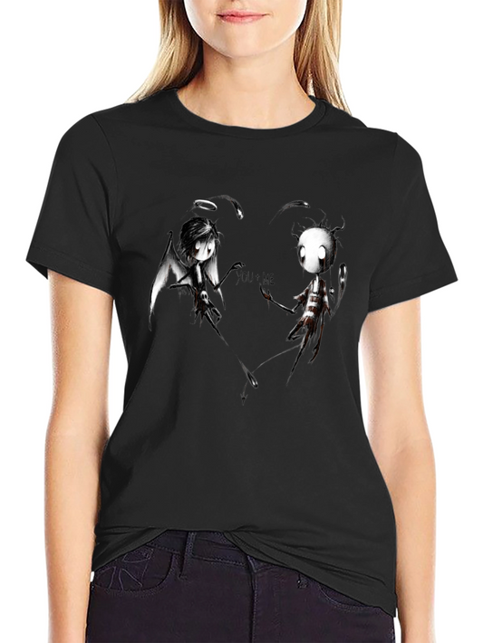 Angel Demon Couple Graphic Print Black T-Shirt
