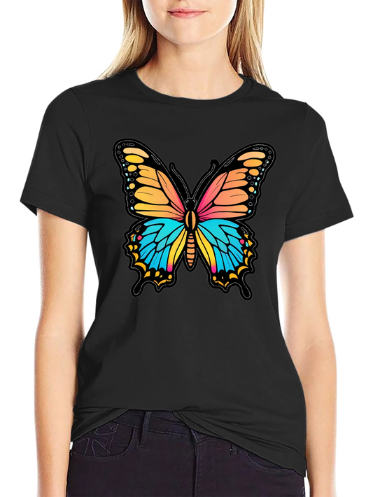 Vibrant Butterfly Graphic Print Black T-Shirt