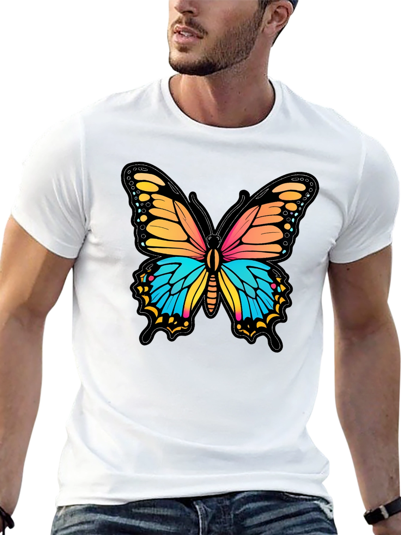 Vibrant Butterfly Graphic Print Black T-Shirt