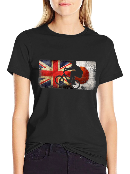 BMX Rider Union Jack & Japan Flag Black T-Shirt