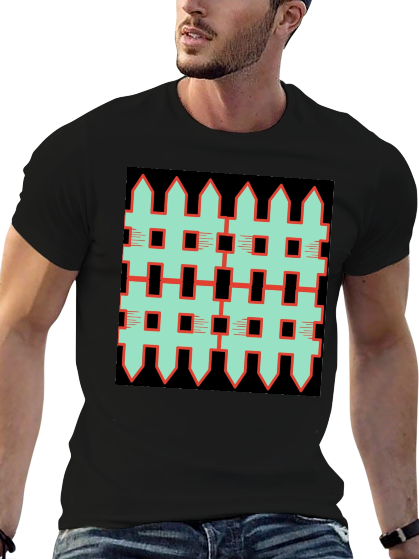 Unique Fence Pattern Graphic Tee - Black