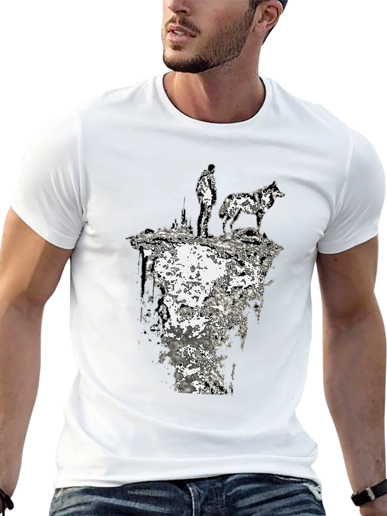 Abstract Man and Wolf Black Graphic Tee