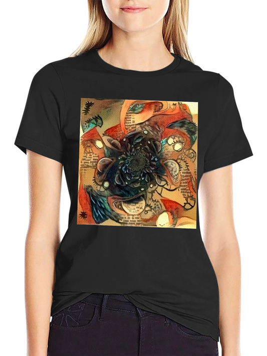 Abstract Time Blossom Black T-Shirt