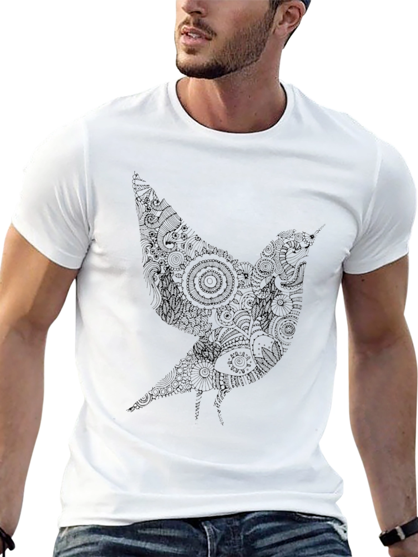 Artistic Bird Graphic Black T-Shirt