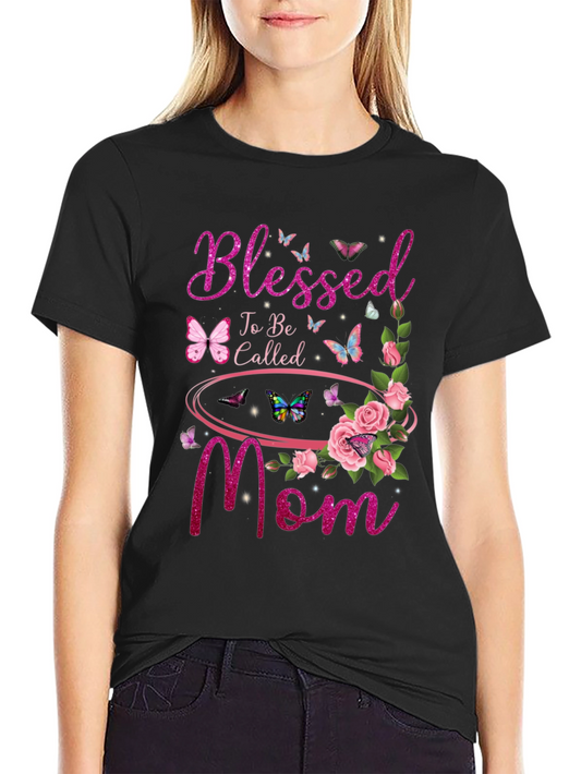 Blessed Mom Graphic T-Shirt - Floral Butterfly Design