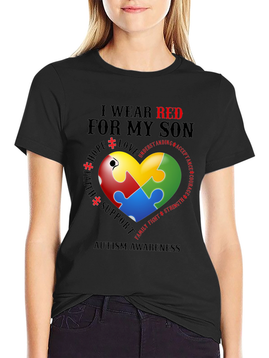Autism Awareness T-Shirt - I Wear Red For My Son