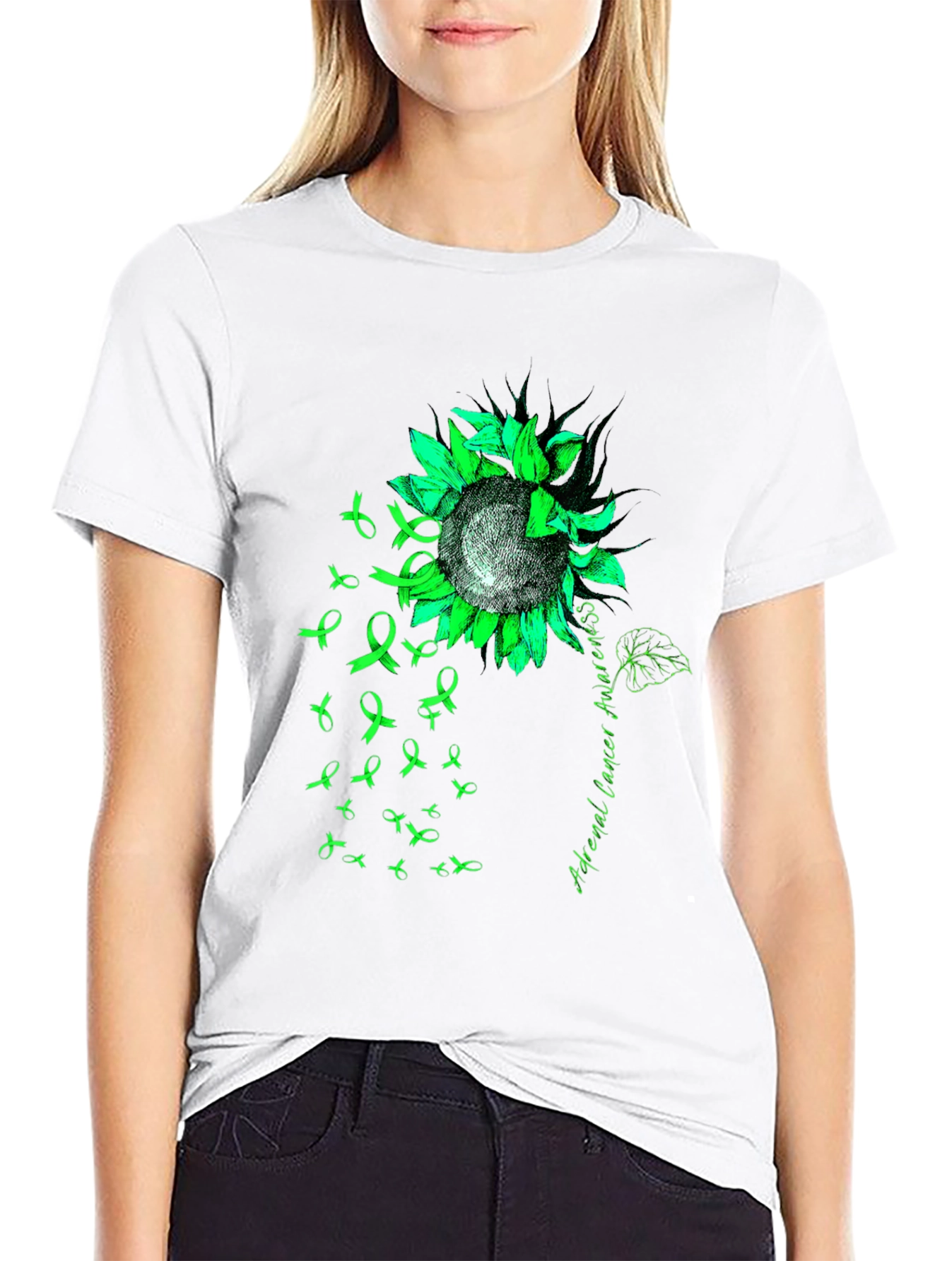 Adrenal Cancer Awareness T-Shirt Sunflower Ribbon Green