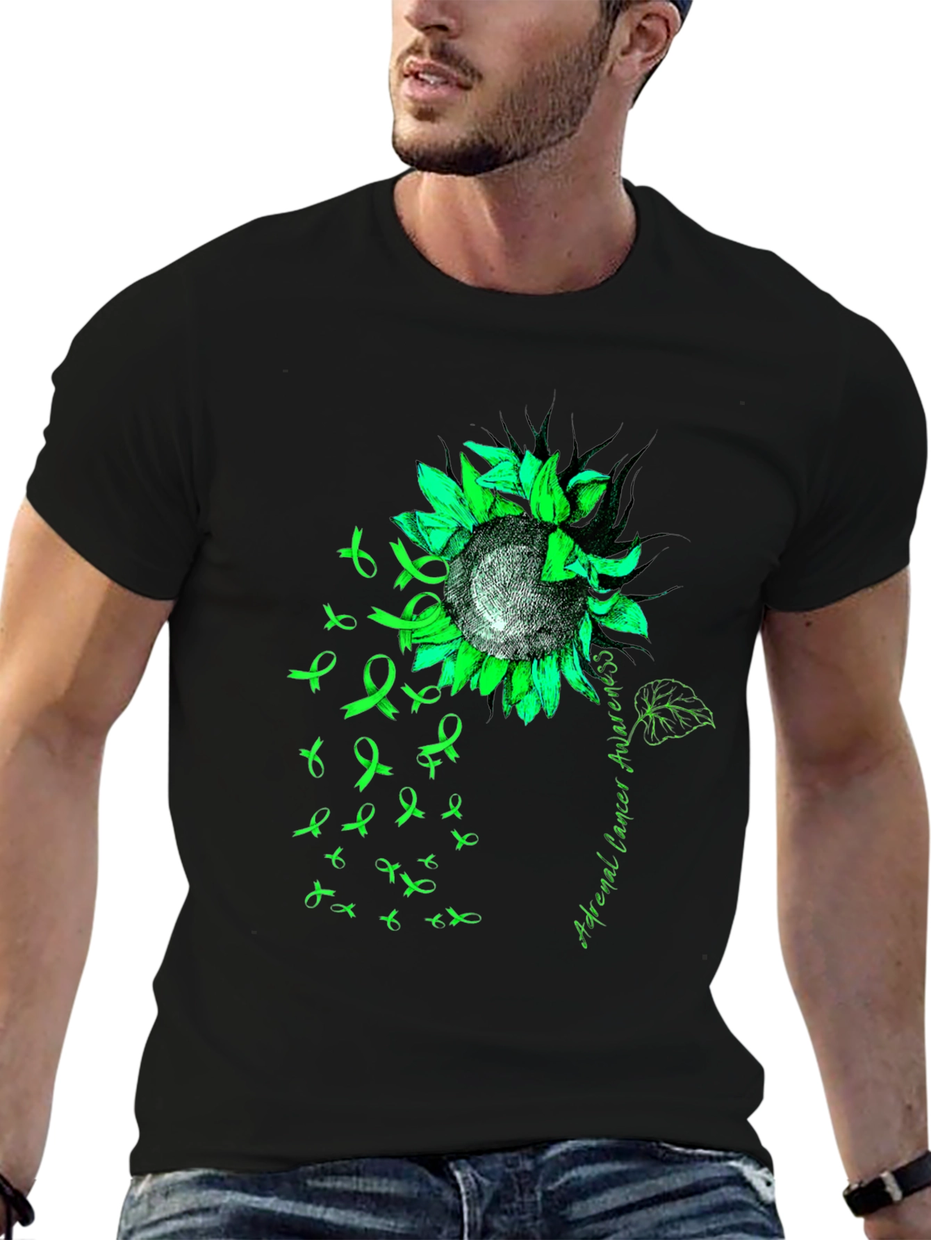 Adrenal Cancer Awareness T-Shirt Sunflower Ribbon Green