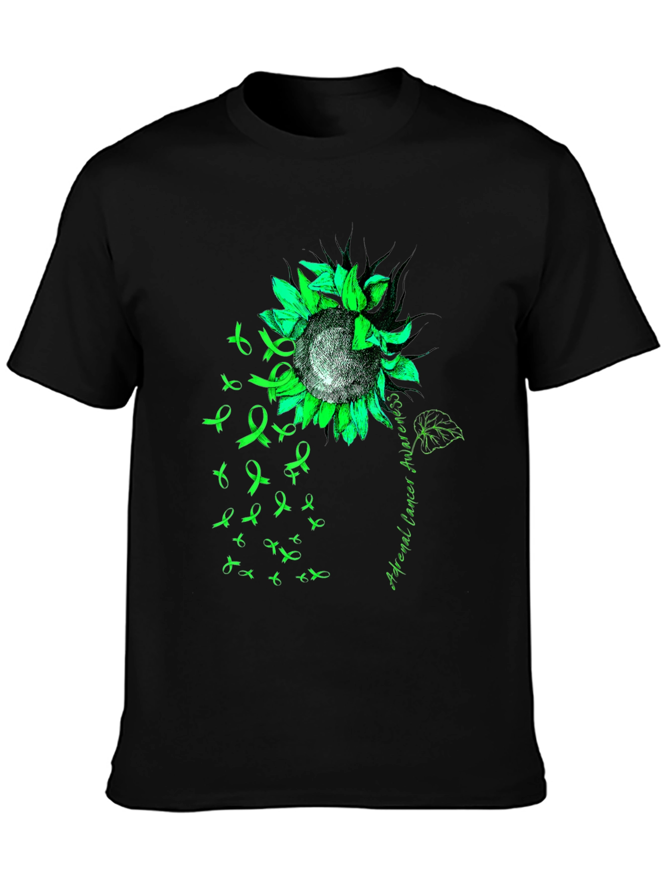 Adrenal Cancer Awareness T-Shirt Sunflower Ribbon Green
