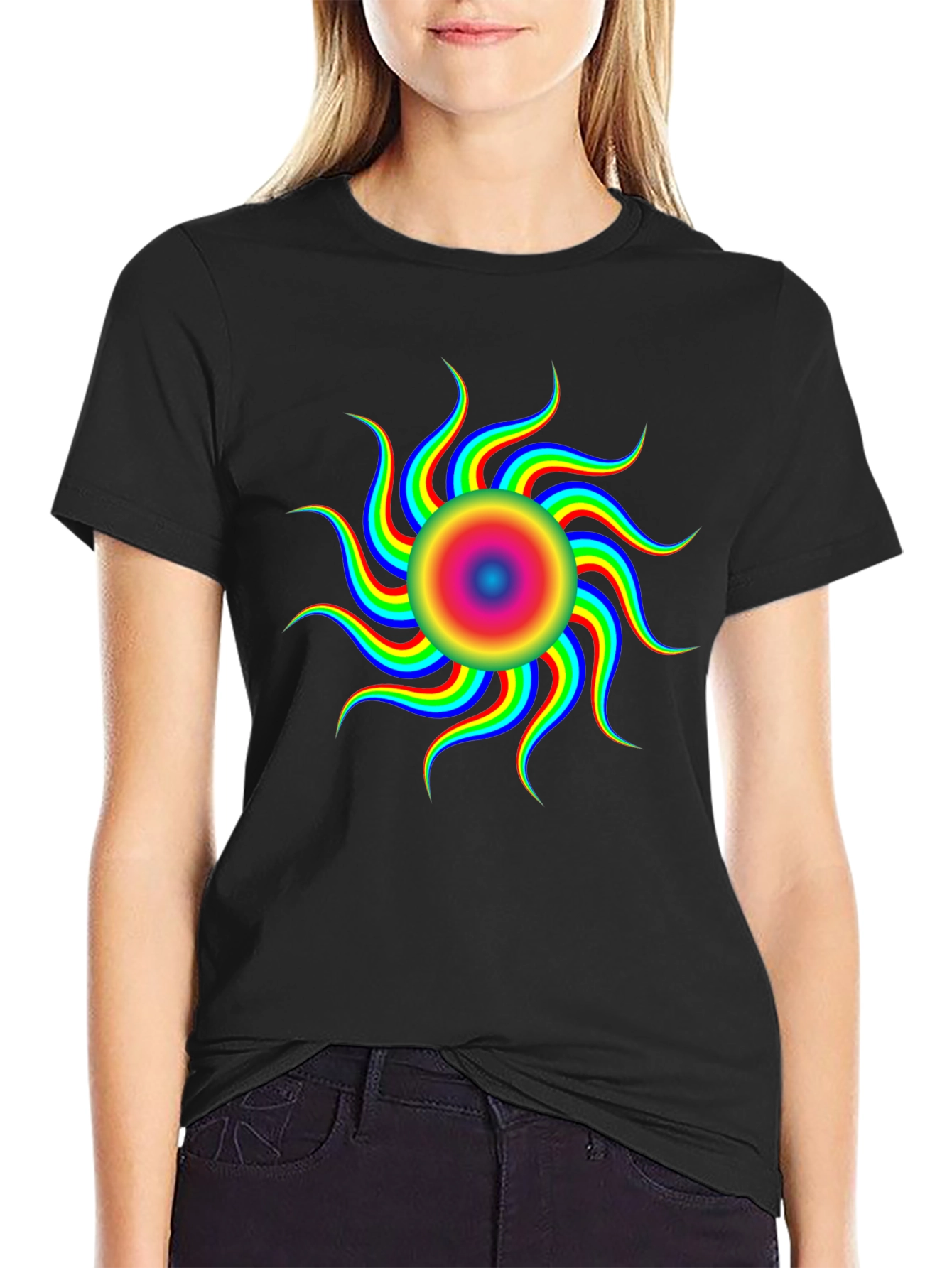 Vibrant Psychedelic Sun Graphic T-Shirt - Black