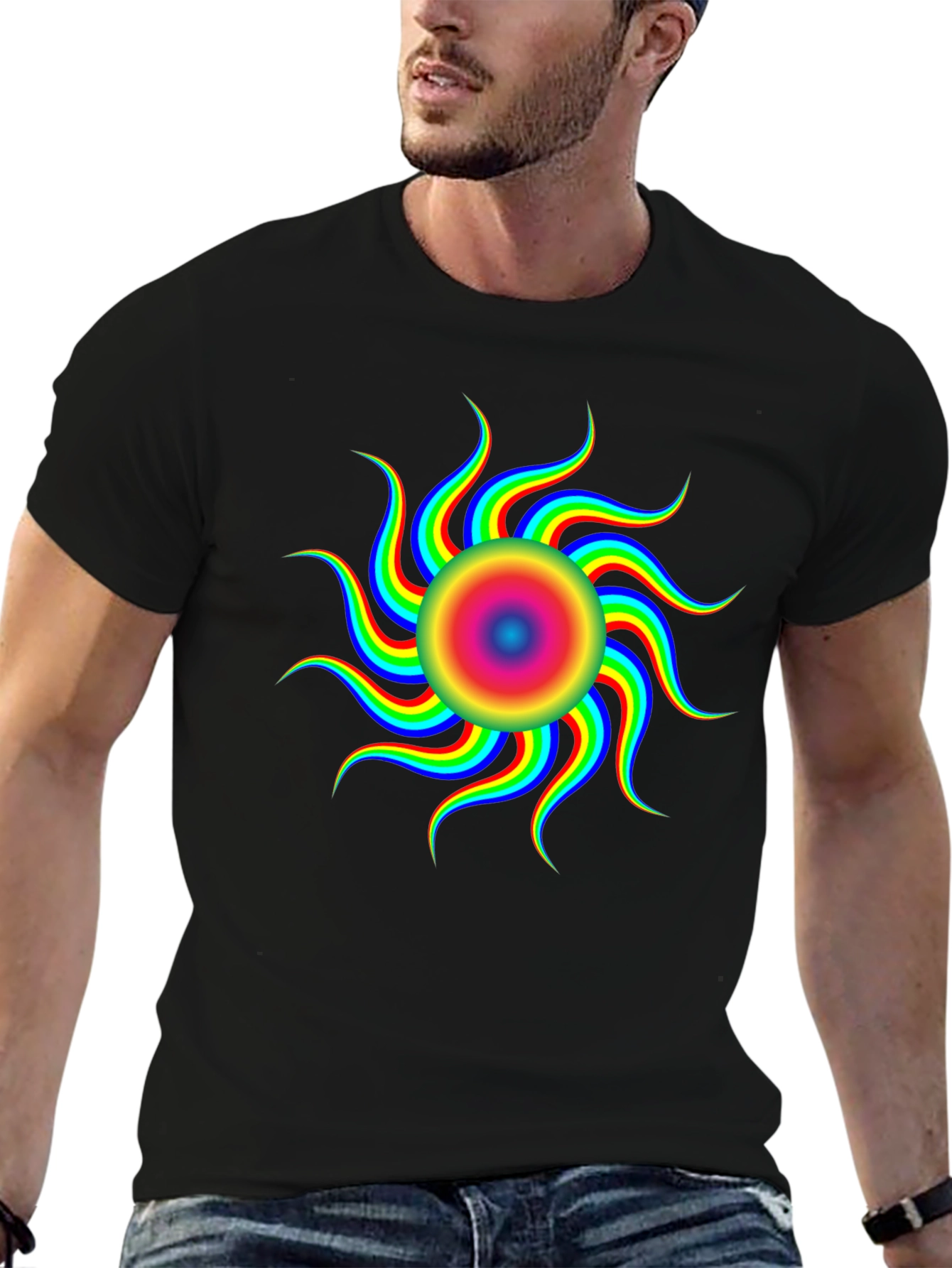 Vibrant Psychedelic Sun Graphic T-Shirt - Black
