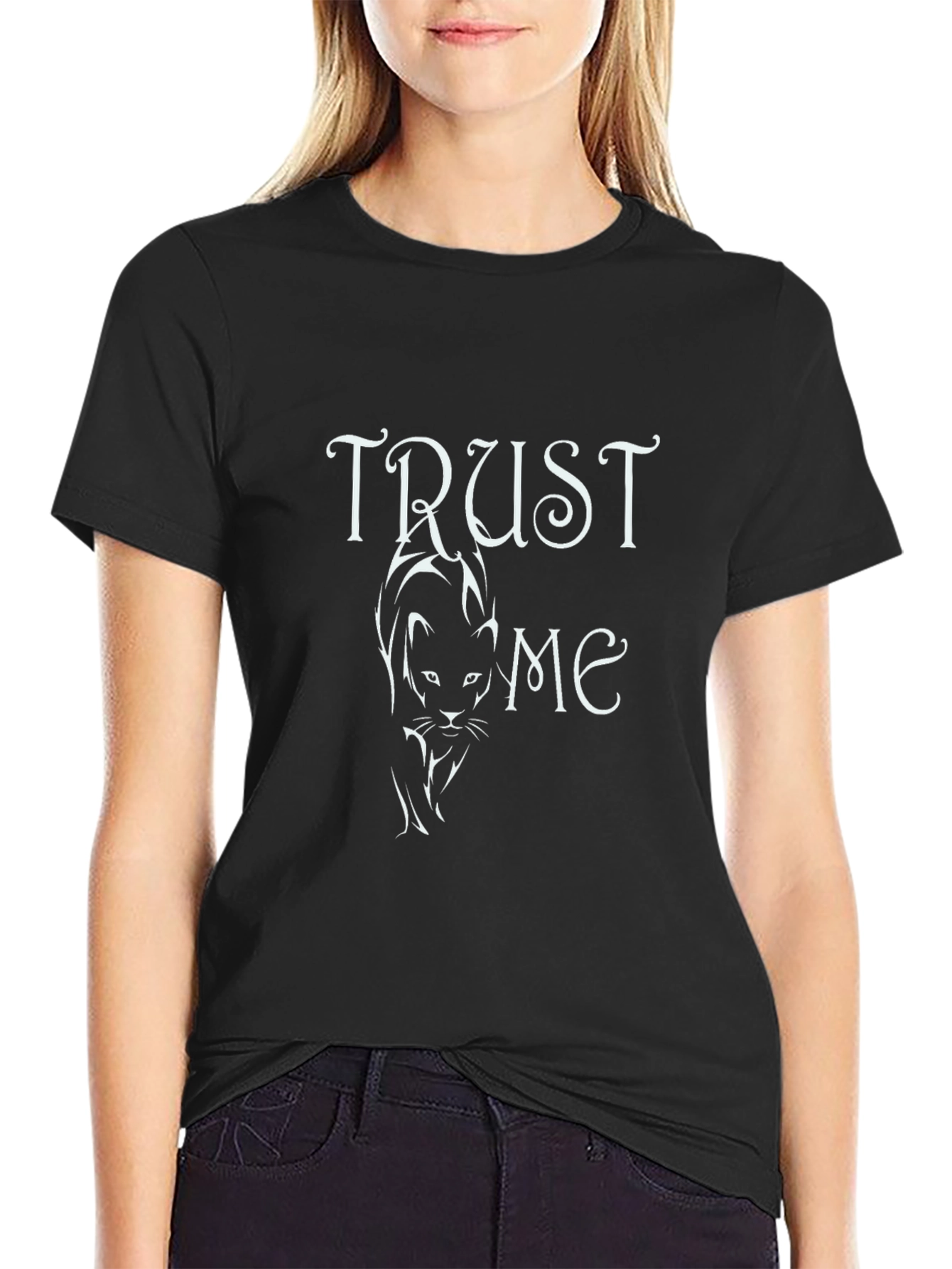 Trust Me Cat Graphic Tee - Black Cotton T-Shirt