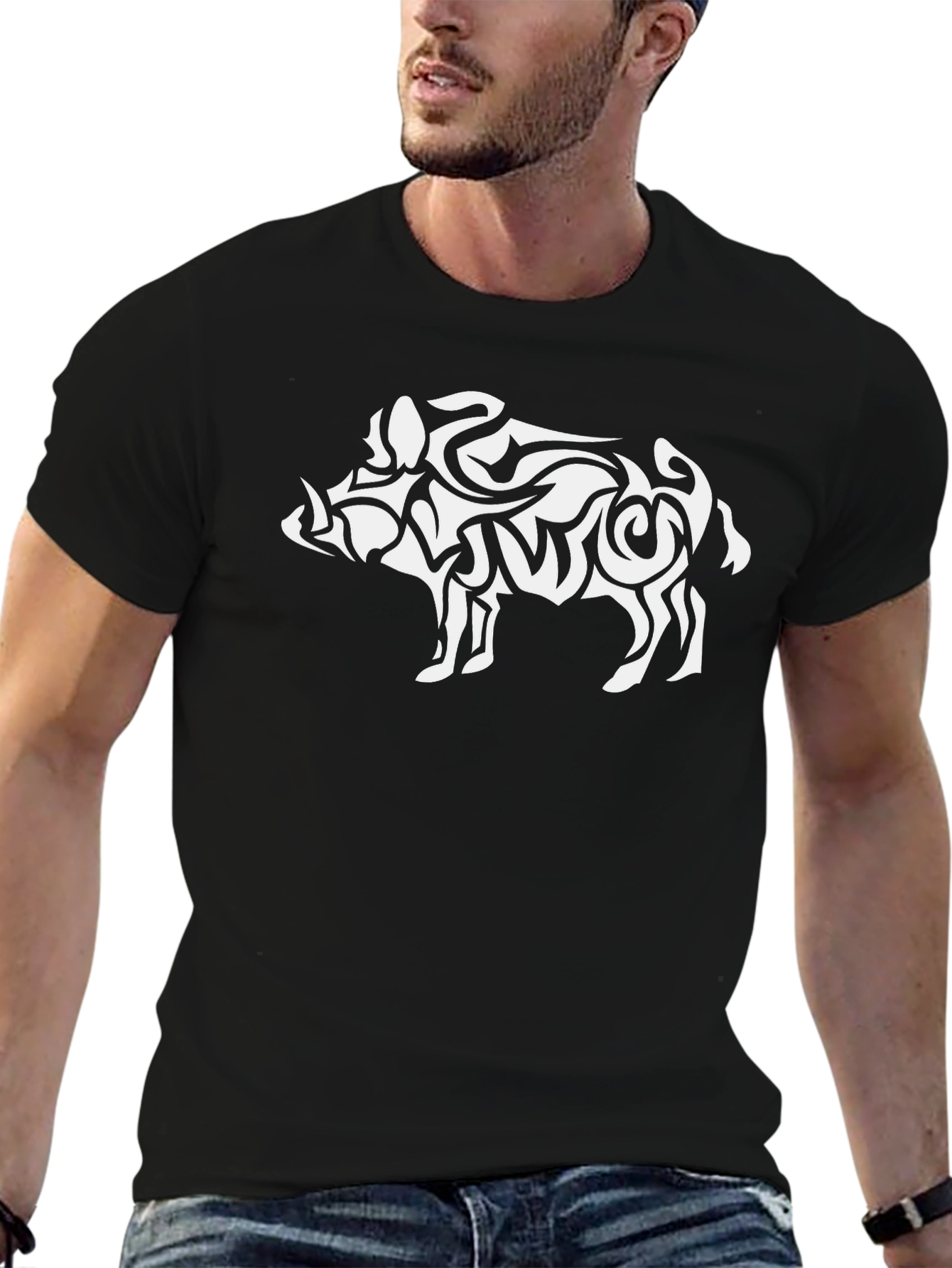 Tribal Boar Graphic Tee - Black Cotton T-Shirt