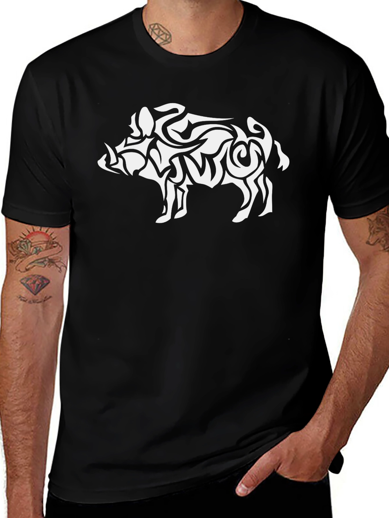 Tribal Boar Graphic Tee - Black Cotton T-Shirt