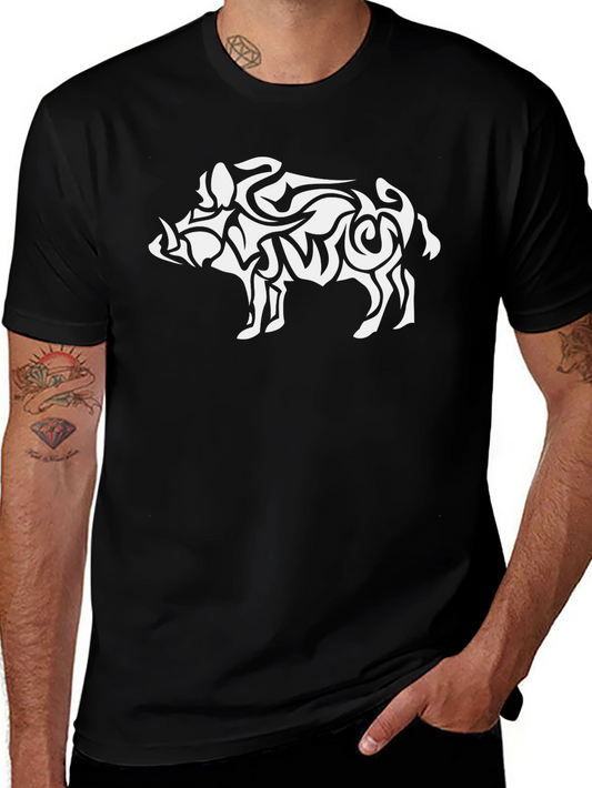 Tribal Boar Graphic Tee - Black Cotton T-Shirt