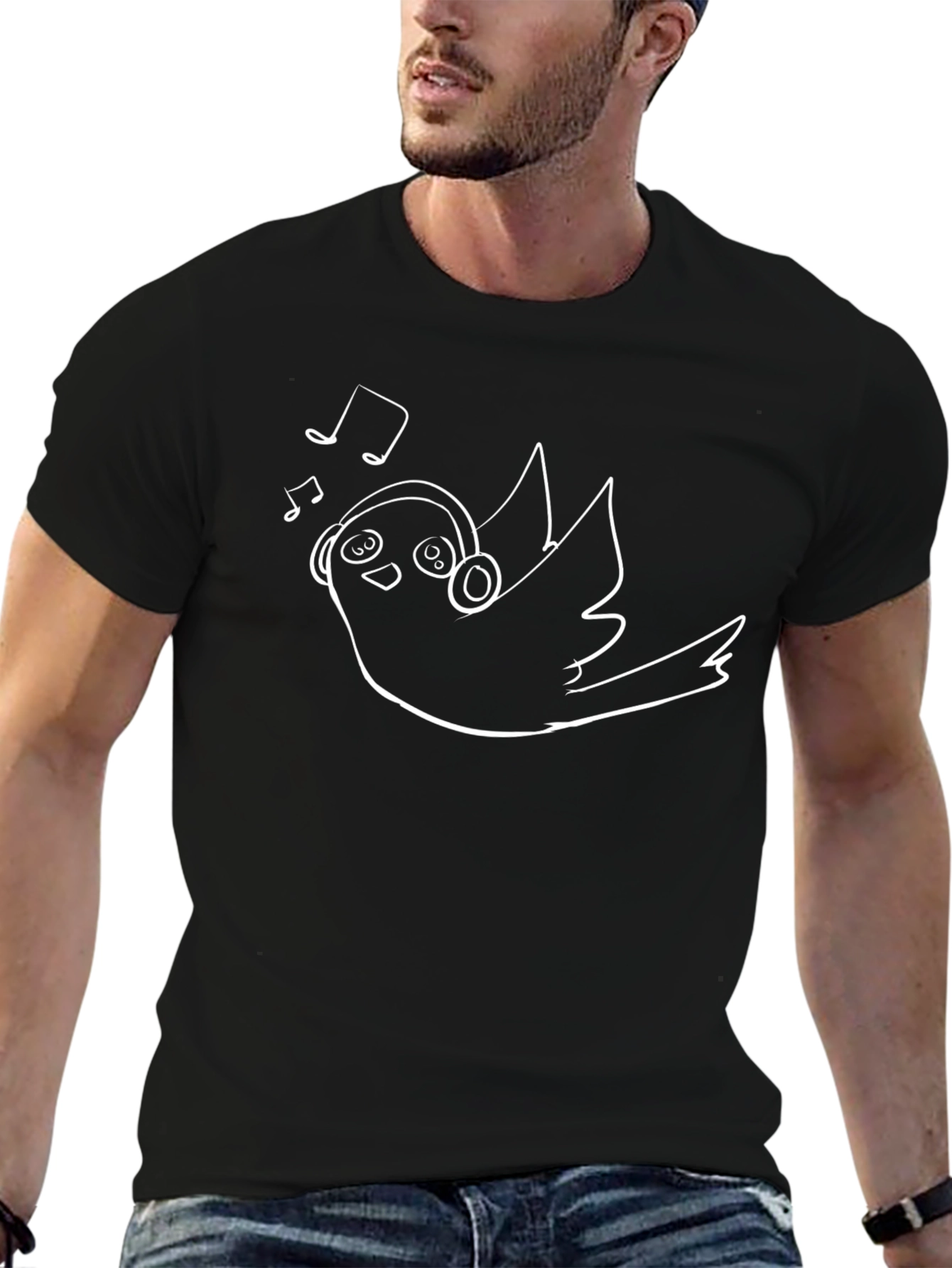 Bird with Headphones Black T-Shirt