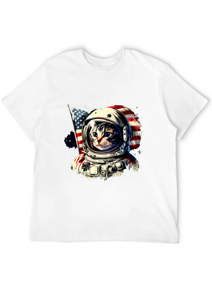 Astronaut Cat USA Flag Graphic T-Shirt