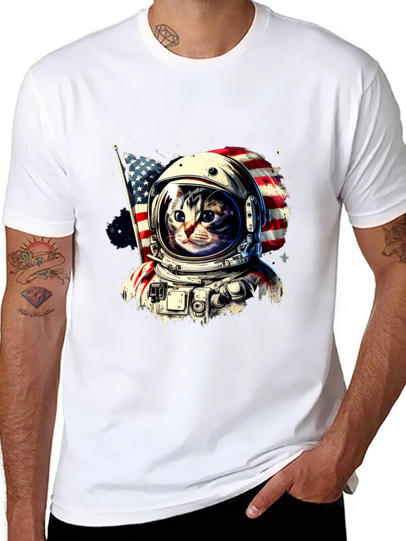 Astronaut Cat USA Flag Graphic T-Shirt
