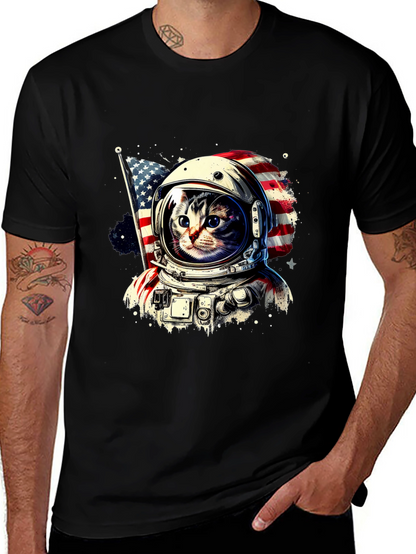 Astronaut Cat USA Flag Graphic T-Shirt