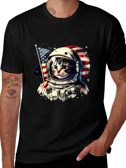Astronaut Cat USA Flag Graphic T-Shirt