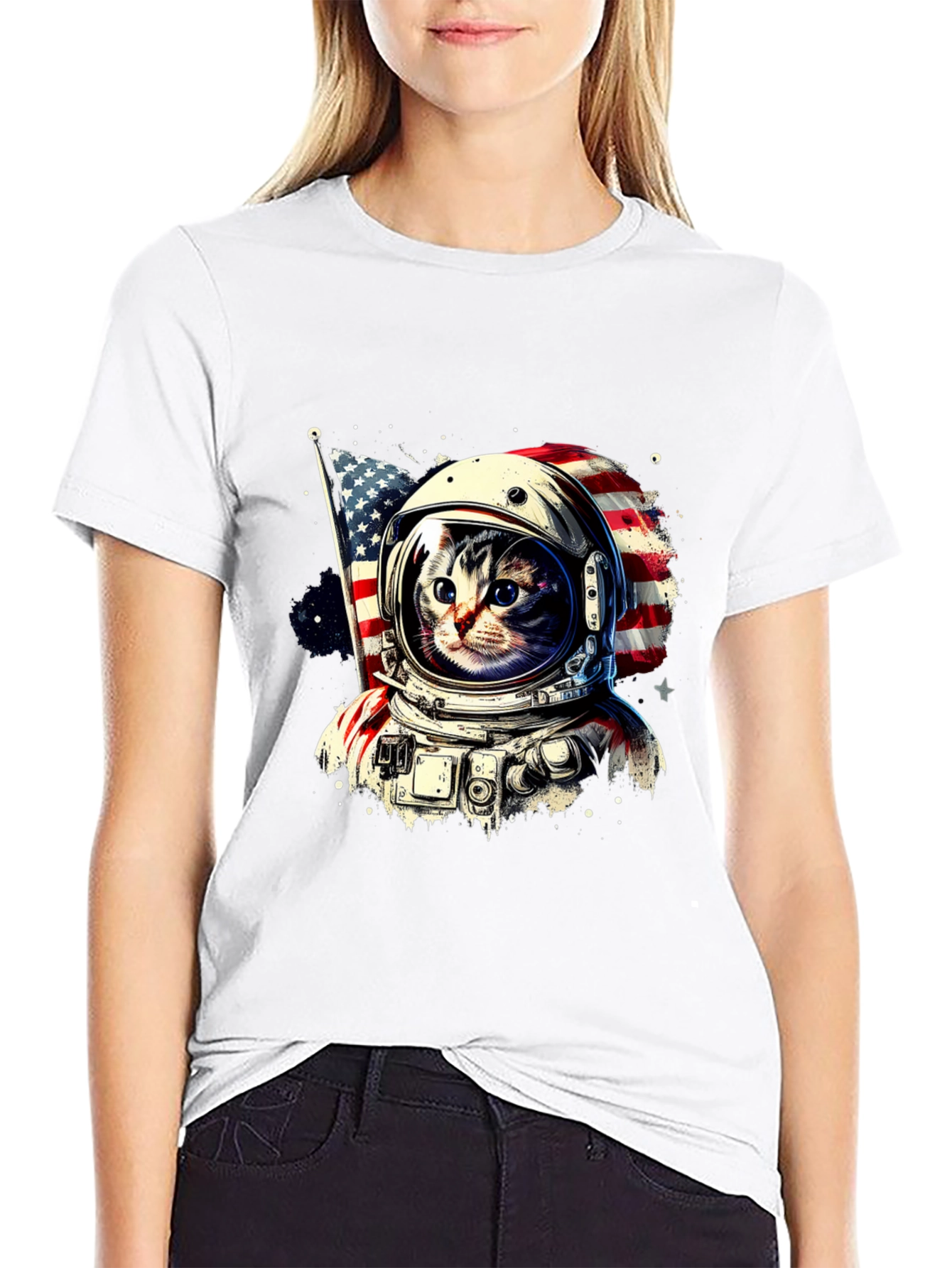 Astronaut Cat USA Flag Graphic T-Shirt