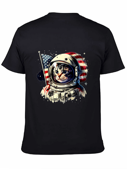 Astronaut Cat USA Flag Graphic T-Shirt
