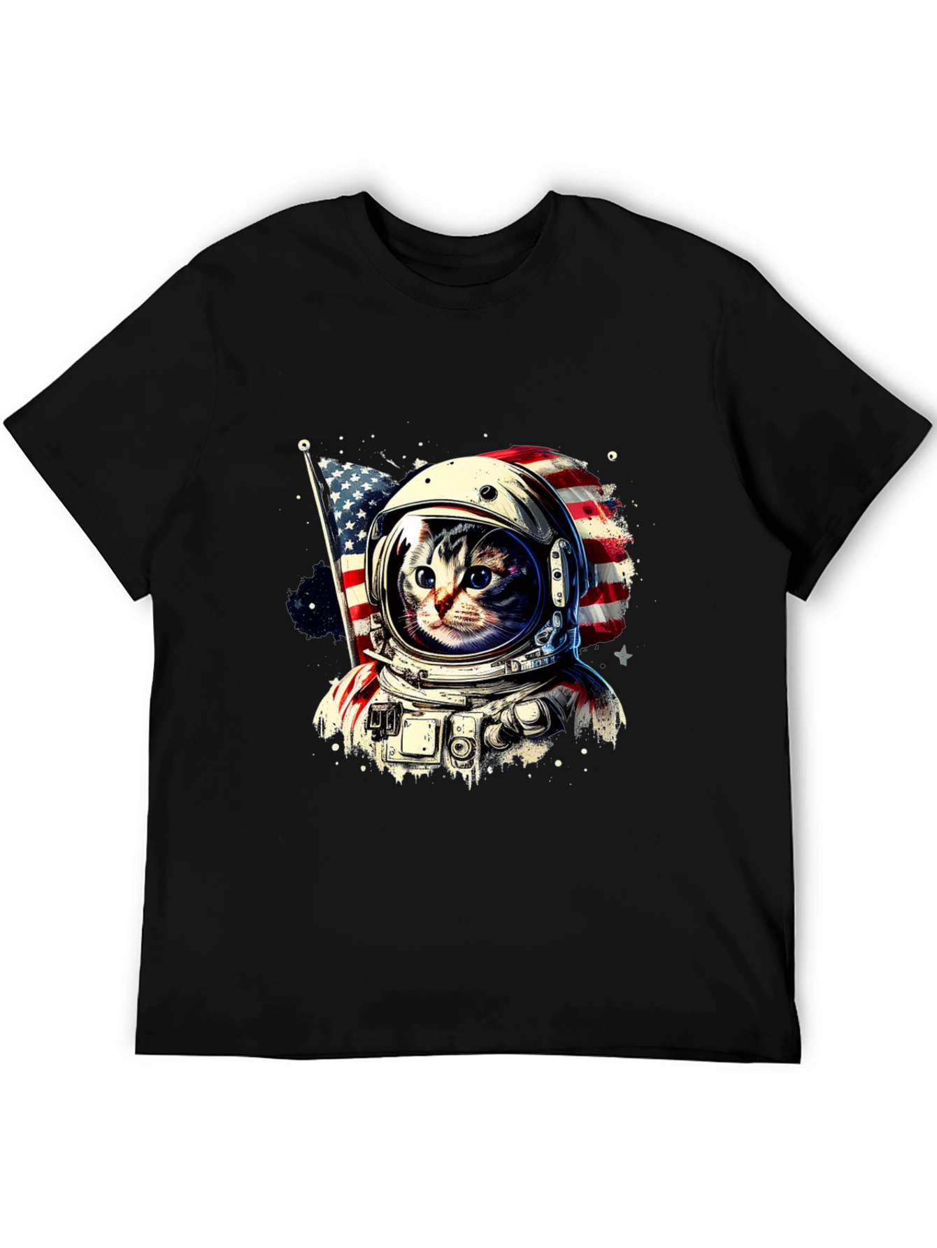 Astronaut Cat USA Flag Graphic T-Shirt