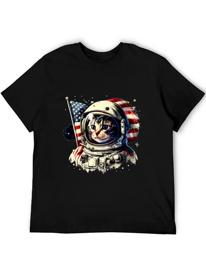 Astronaut Cat USA Flag Graphic T-Shirt