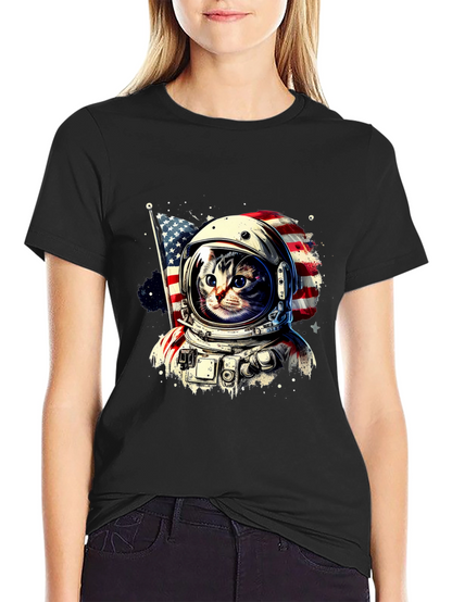 Astronaut Cat USA Flag Graphic T-Shirt
