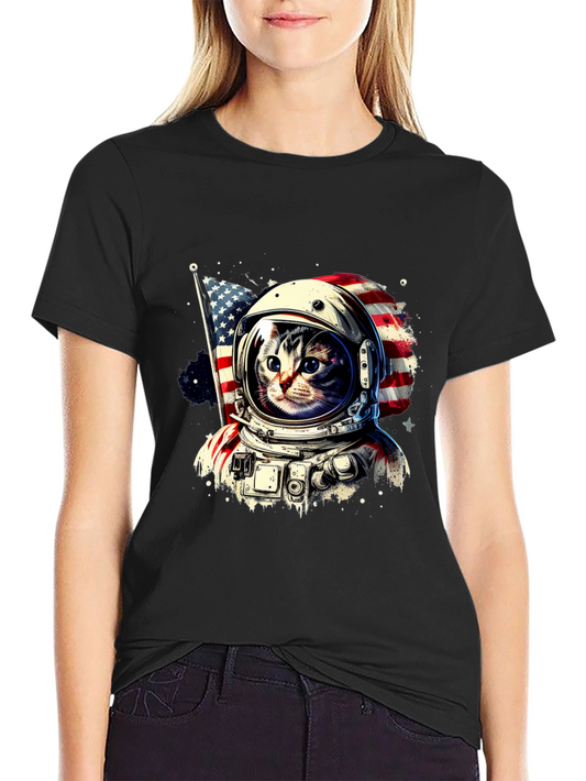 Astronaut Cat USA Flag Graphic T-Shirt