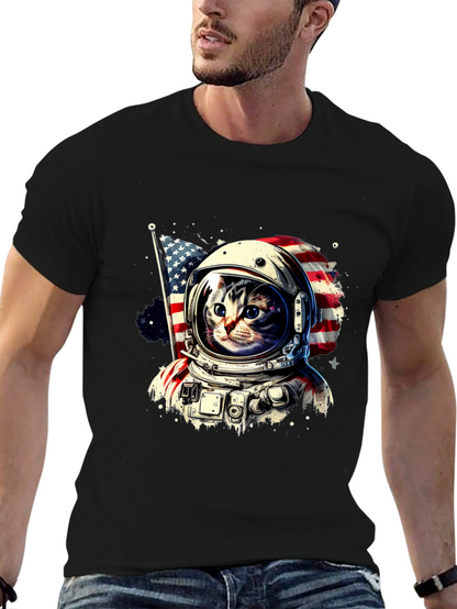 Astronaut Cat USA Flag Graphic T-Shirt