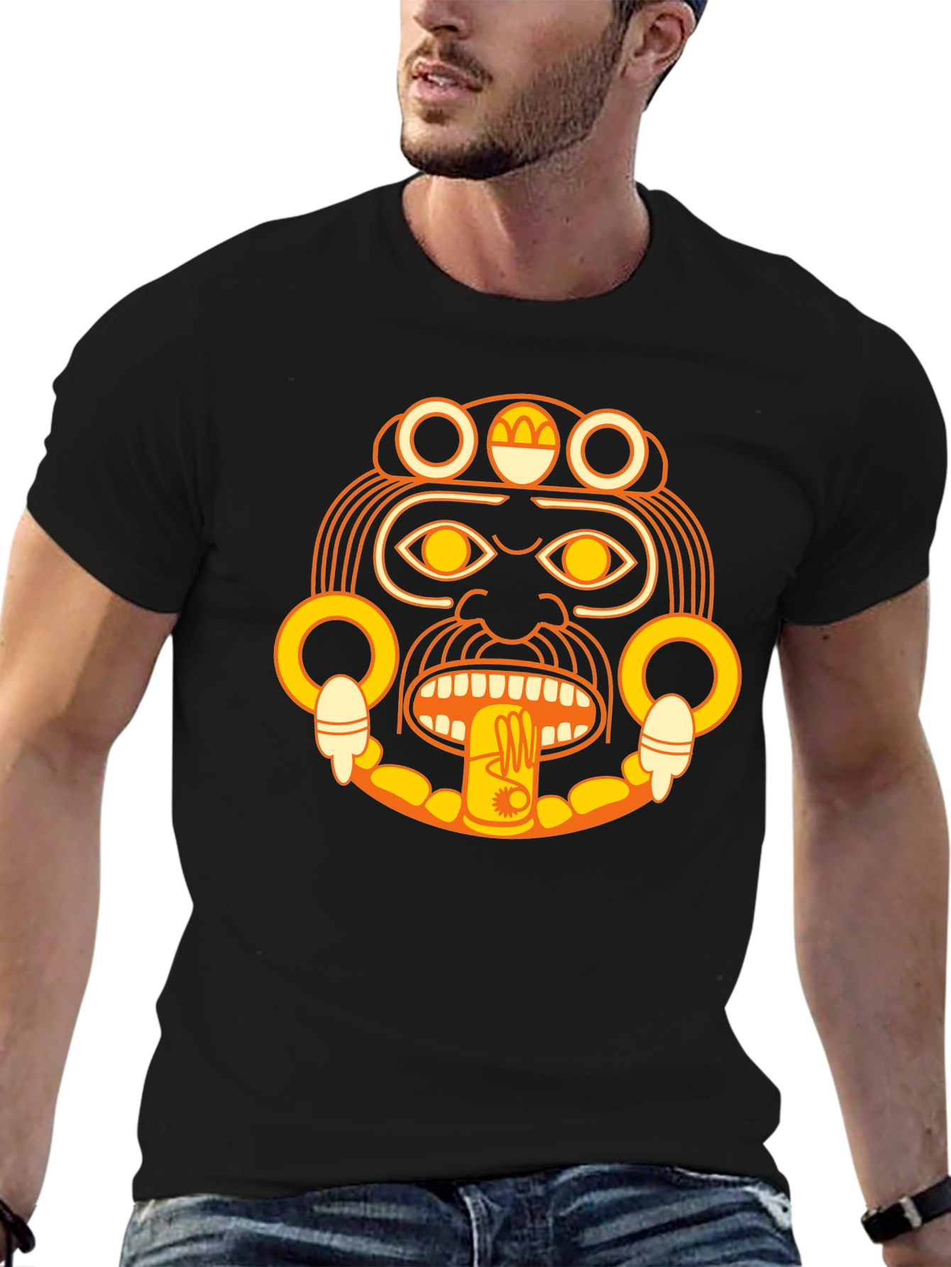 Aztec Sun God Graphic Black T-Shirt
