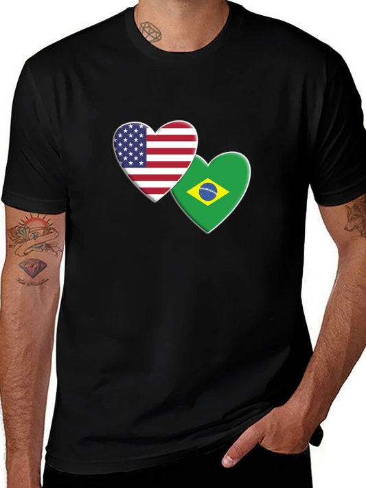 USA & Brazil Hearts T-Shirt - Black Graphic Tee