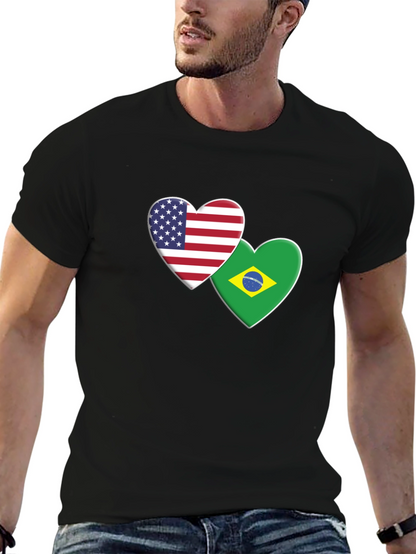 USA & Brazil Hearts T-Shirt - Black Graphic Tee