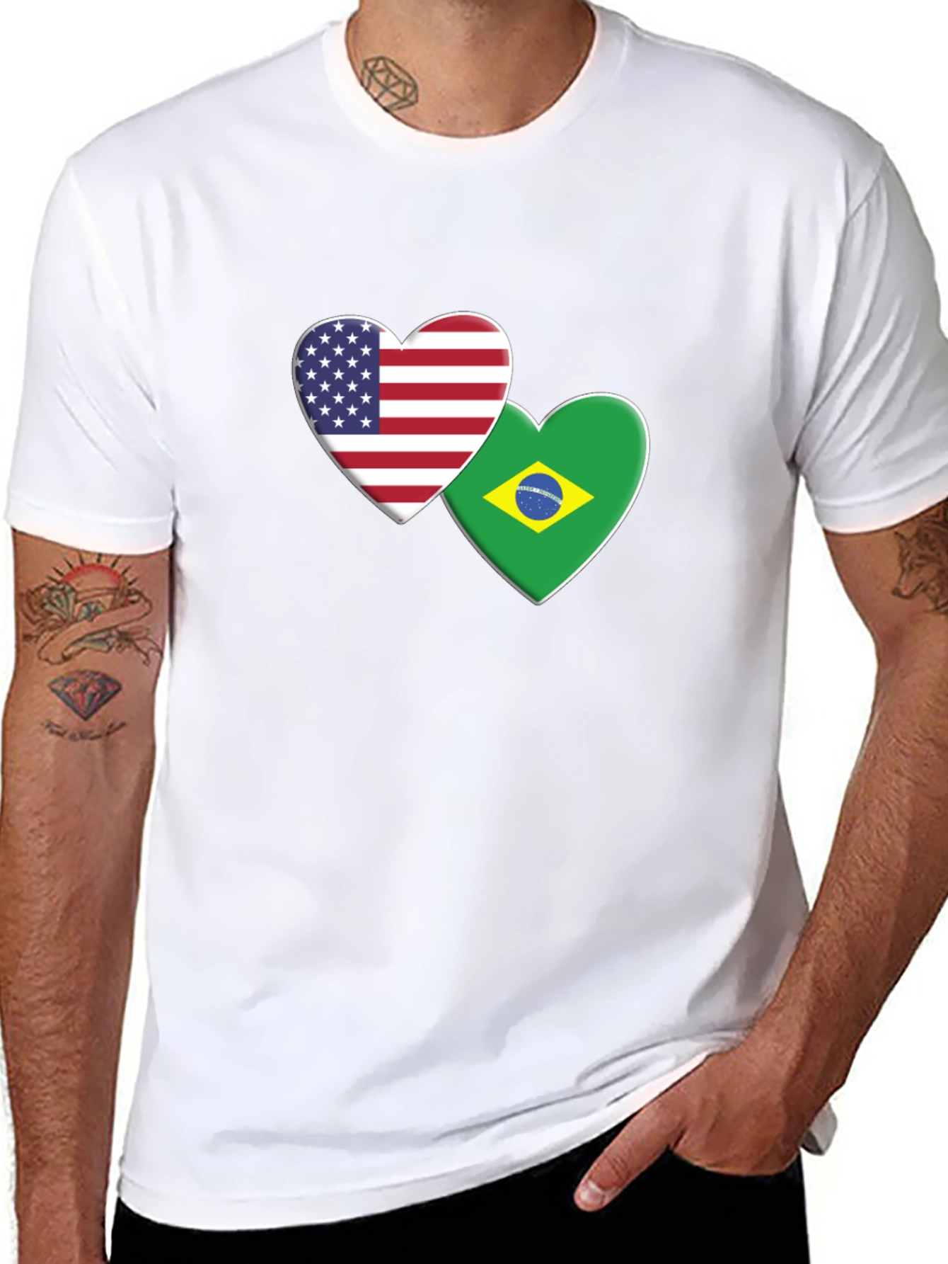 USA & Brazil Hearts T-Shirt - Black Graphic Tee