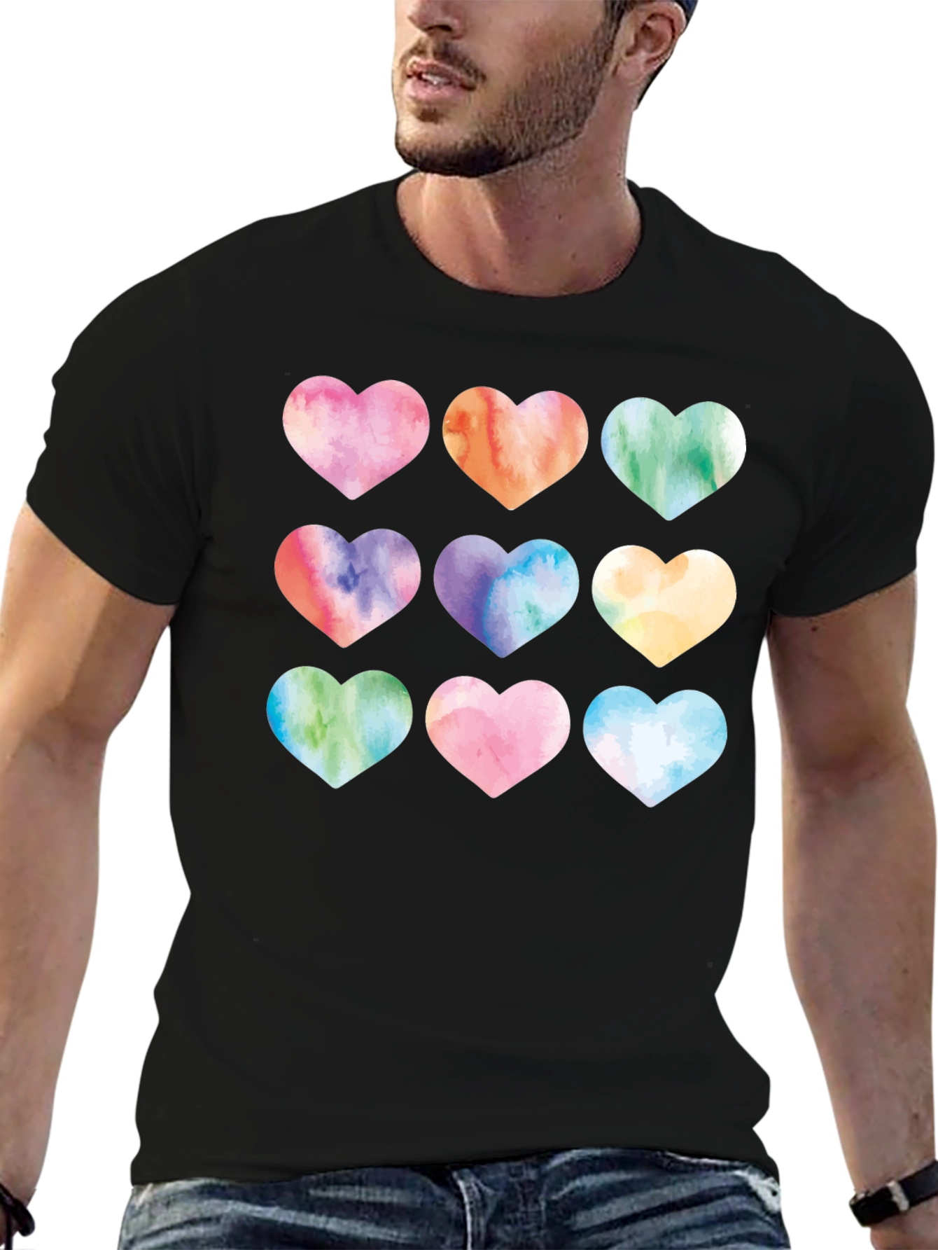 Watercolor Hearts Black T-Shirt
