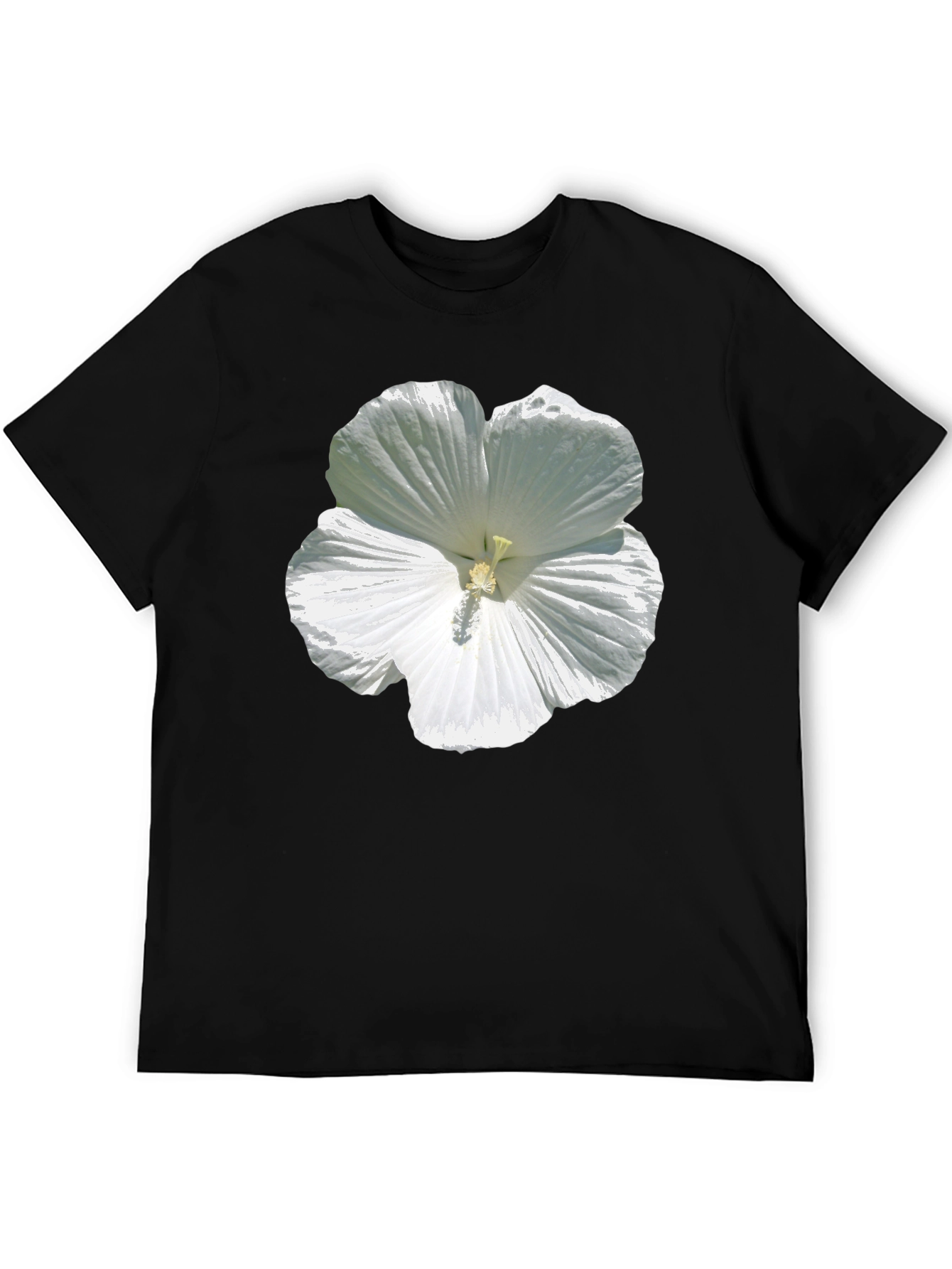 White Hibiscus Flower Graphic Tee - Black Cotton T-Shirt